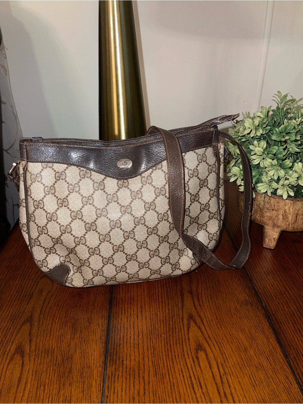 Gucci Beige GG Canvas Shoulder Bag with Brown Leather Trim